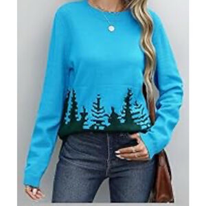 Women Sweater Pullover Sky Blue With Green Trees Crew Neck Loose Colorblock